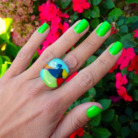 Artsy Iridescent Unique Colorful Dichroic Handblown Glass Square Statement Ring - Picture 3 of 8